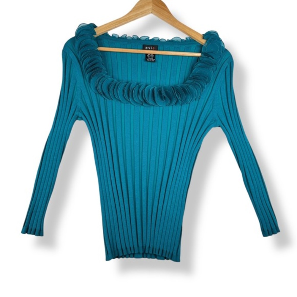 Y2K Teal Silk Blend Rosette Neck Top Fits Womens Size Small Bodycon Glam Ruffle